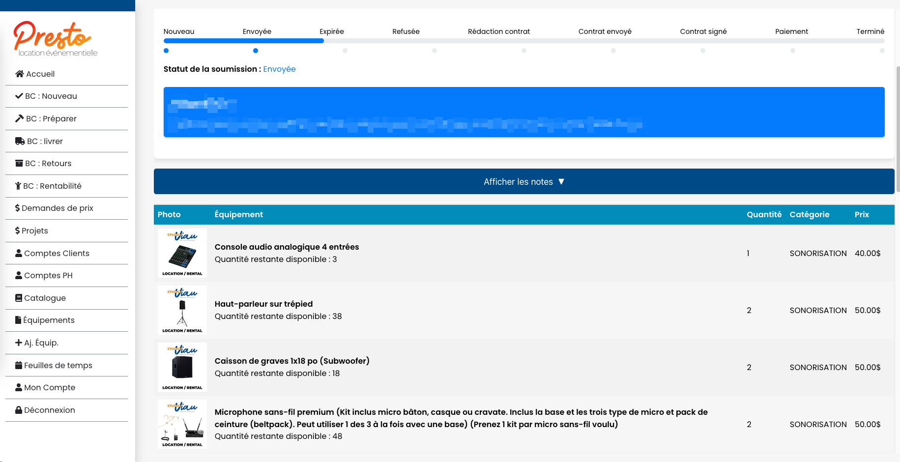 Interface de la plateforme Presto Location